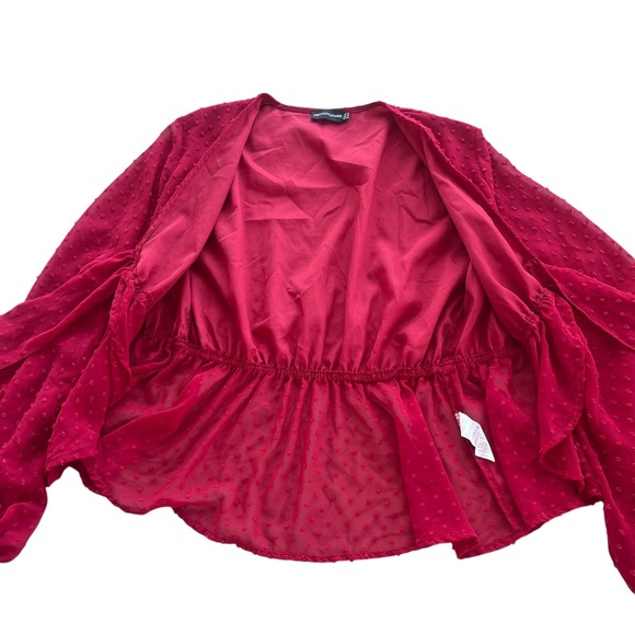 PrettyLittleThing Womens M Dark Red Swiss Dot Tie Front Wrap Sheer Peplum Blouse - Picture 5 of 13